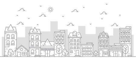 Illustration of large buildings and trees in the style of thin linesのイラスト素材