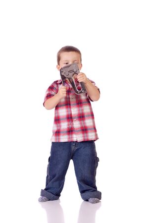 Cute little boy with a staplerの写真素材