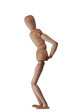 Wooden puppet set as someone with a back pain  White background with no shadow の写真素材