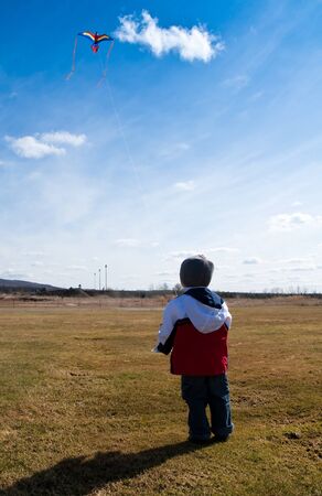 Little boy playing with a kite in a fieldの写真素材