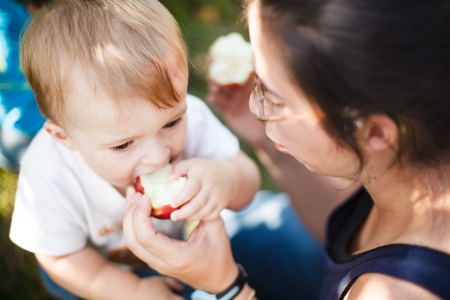 Mother helping her baby eat an appleの写真素材