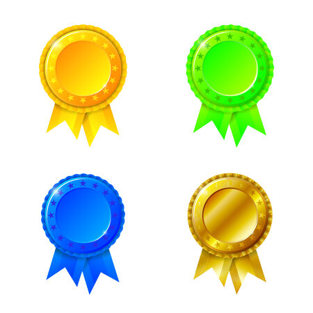 Labels blank with ribbons. Green, orange, gold, blueのイラスト素材