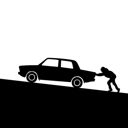 Silhouette of man pushing a car up the hillのイラスト素材