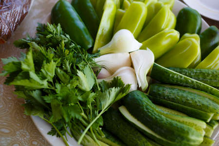 Fresh herbs on a plate.の写真素材