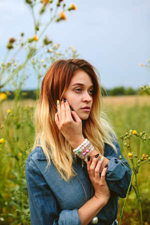 beautiful girl on the natureの写真素材