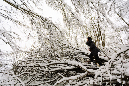 Girl in winter forestの写真素材