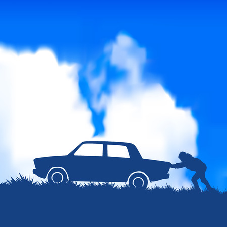 Silhouette of a man pushing a carのイラスト素材