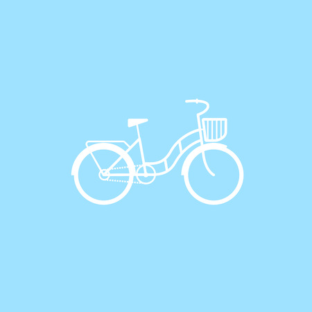 Female bicycle with a basket on a blue background. White vintage ladies bicycle with wicker basketのイラスト素材