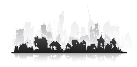 Ghost town. Ruined city silhouette on a white background isolatedのイラスト素材