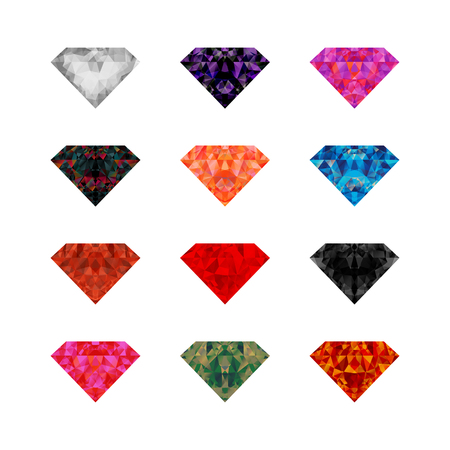 Set of multicolored low poly diamonds on white background isolatedのイラスト素材
