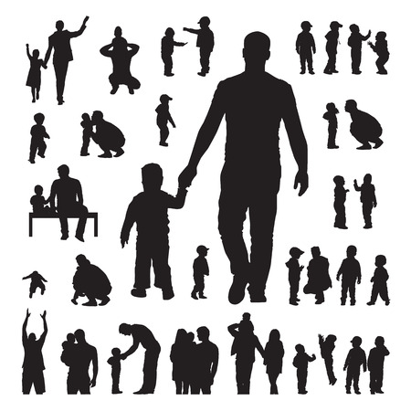 Children and parents silhouettes set on a white backgroundのイラスト素材