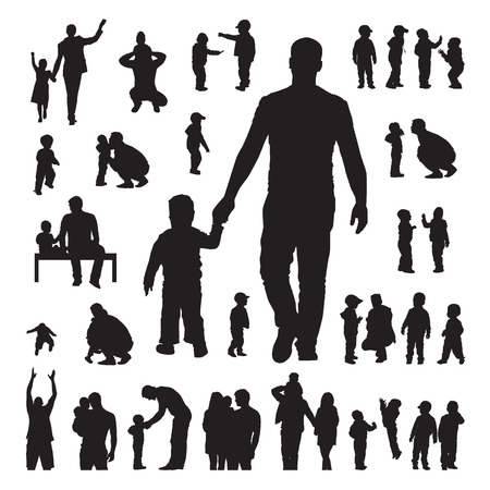 Children and parents silhouettes set on a white background