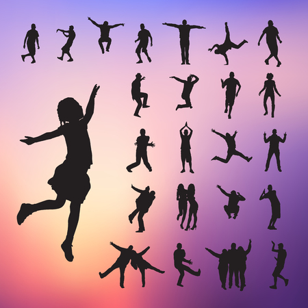 Vector set of dancing people silhouettes on a colorful blurred backgroundのイラスト素材