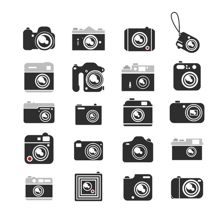 Cameras icons set. Digital modern and vintage film cameras on a white background.のイラスト素材