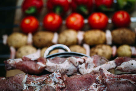 Vegetables on skewers. Meat for barbecue in the pan.の写真素材