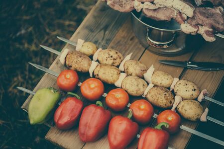 Vegetables on skewers. Meat for barbecue in the pan.の写真素材
