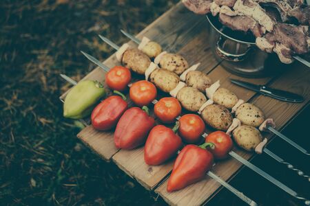 Vegetables on skewers. Meat for barbecue in the pan.の写真素材