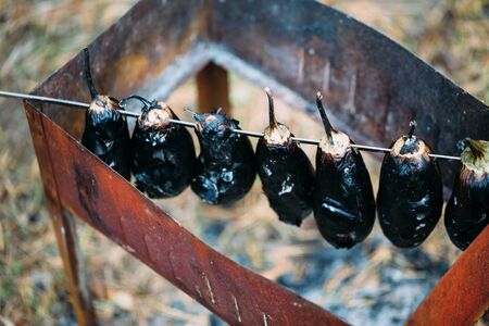 Eggplant on a skewer roasting on coals.の写真素材