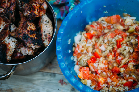 Ajapsandali and shish kebab. National Georgian dishの写真素材