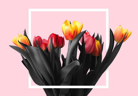 Bouquet color beautiful tulips on a pink background.のイラスト素材