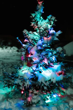 Colorful decorated fir tree with the snow on branches.の写真素材
