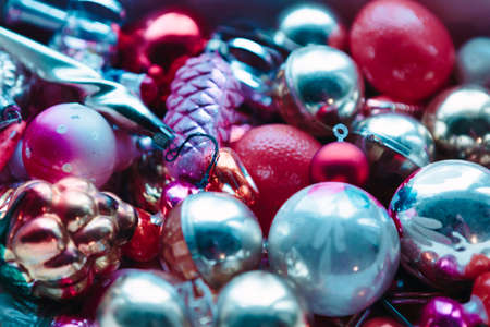 Closeup view of many beautiful christmas or new year fir tree decoration colorful toys.の写真素材