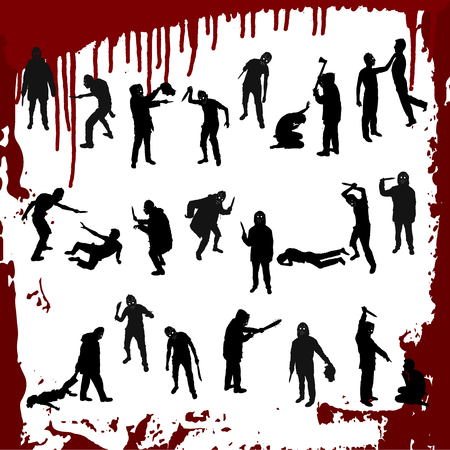 Vector set silhouettes of a maniac on a white background with a blood.のイラスト素材