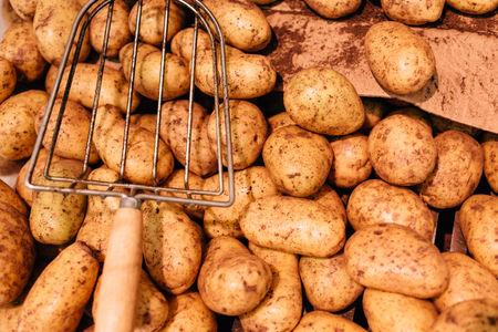 Potatoes raw vegetables food in market. Close up photo.の写真素材