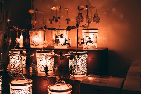 Some included christmas night lamps in the dark room. Close up photo.の写真素材