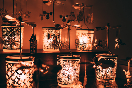 Some included christmas night lamps in the dark room. Close up photo.の写真素材