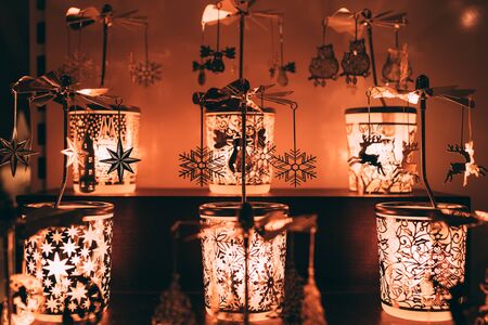Some included christmas night lamps in the dark room. Close up photo.の写真素材