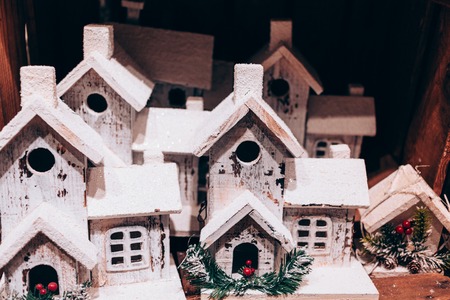 Small hut with snow handmade christmas toys. Close up photo.の写真素材