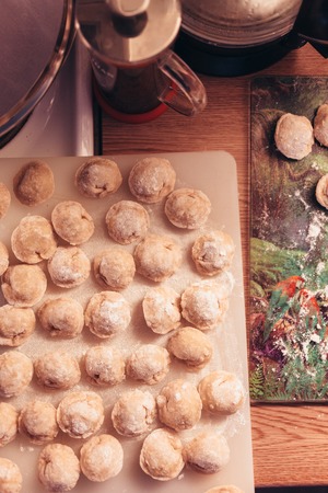 Raw Meat dumplings Russian traditional pelmeni with meat. Close up photo.の写真素材