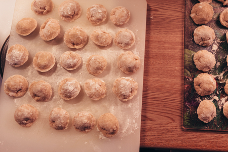Raw Meat dumplings Russian traditional pelmeni with meat. Close up photo.の写真素材