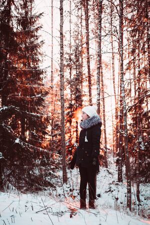 Pretty girl in a white hat and a jacket on a background of a winter forest. Photo girl in full growth.の写真素材