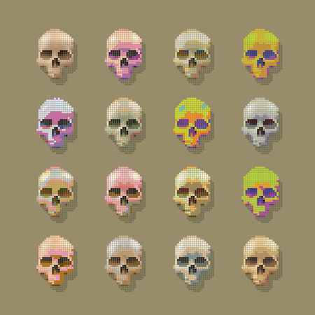 Skulls pixel multicolored. Set of vector stylized skulls with shadow.のイラスト素材