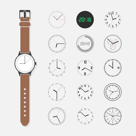 Watch face vector set. Wrist watch and a set of watch face isolated on a light background. Round watch face trendy collection. Fifteen different watch dials.のイラスト素材