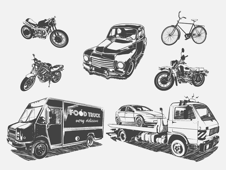 Vector illustration set of transport motorcycle, bicycle, car, tow truck, food truck. Black and white illustration of transport on the light background isolated. Different road transport.のイラスト素材