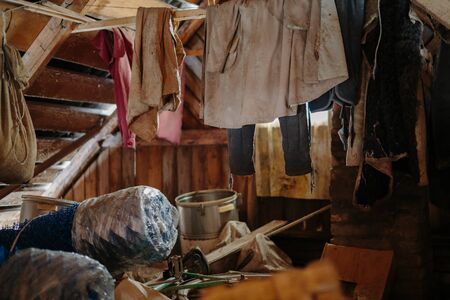 Mess in a wooden shed. Abstract photo.の写真素材