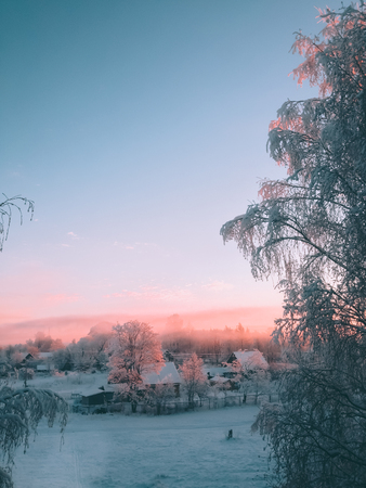 Finnish landscape overlooking houses. Winter time photo.の写真素材