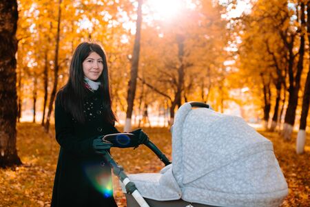Young beautiful happy mom with a stroller in autumn park