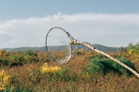 Handmade wooden flyfishing net. Against the background of nature. Photo in the daytime.の写真素材