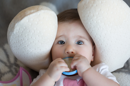 Little baby lying in a neck pillow with cover in the hands.の写真素材