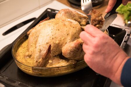 baked turkey on a trayの写真素材