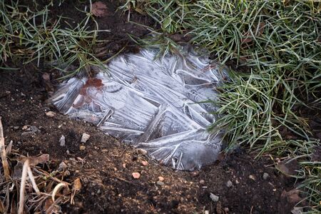 frozen water in a puddleの写真素材