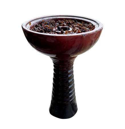 clay bowl with tobacco for smoking hookah side view on a white isolated background