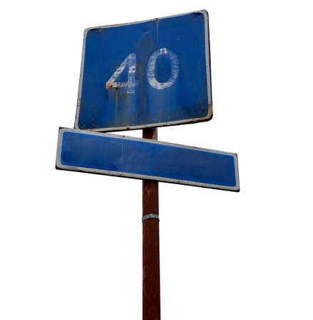 old blue road sign on a white isolated backgroundの写真素材