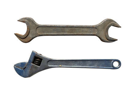set of old wrenches on a white isolated backgroundの写真素材