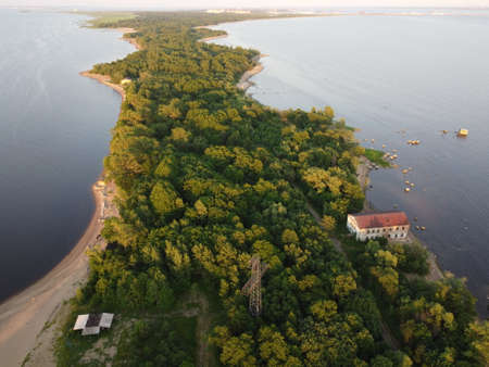 Top-down aerial view of the peninsula in the Leningrad regionの写真素材