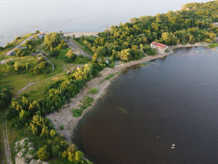 Top-down aerial view of the peninsula in the Leningrad regionの写真素材